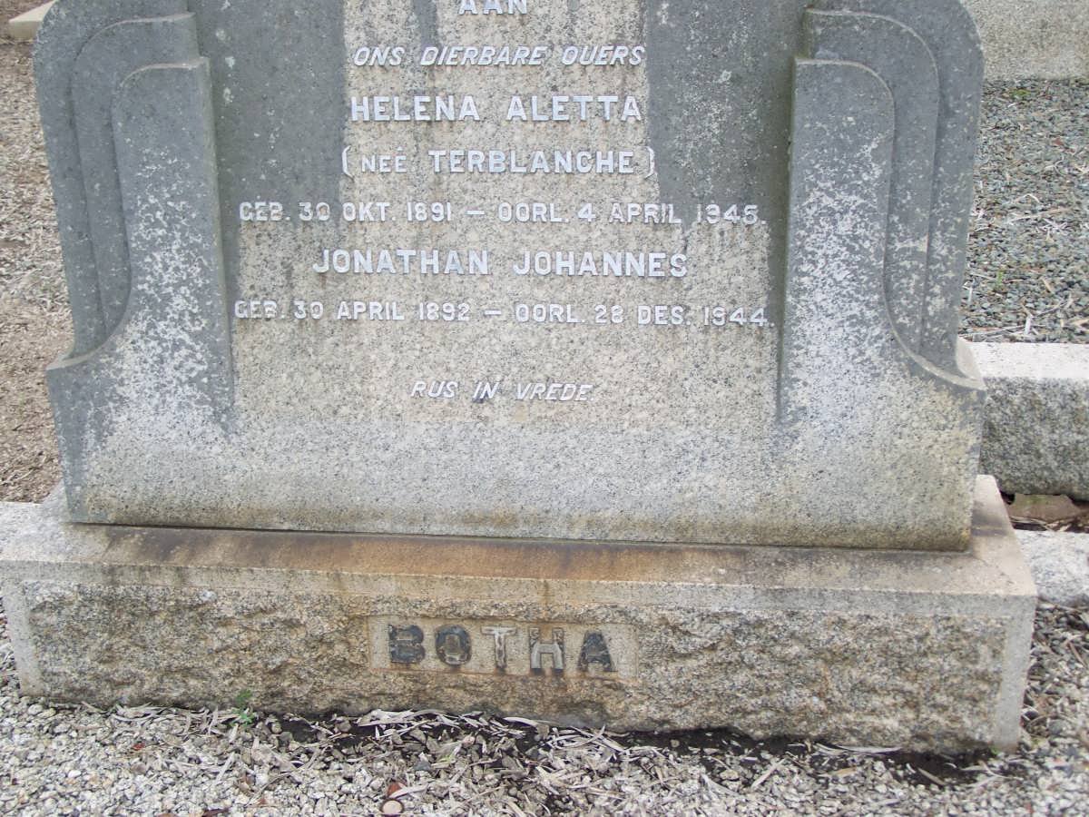 BOTHA Jonathan Johannes 1892-1944 &amp; Helena Aletta TERBLANCHE 1891-1945