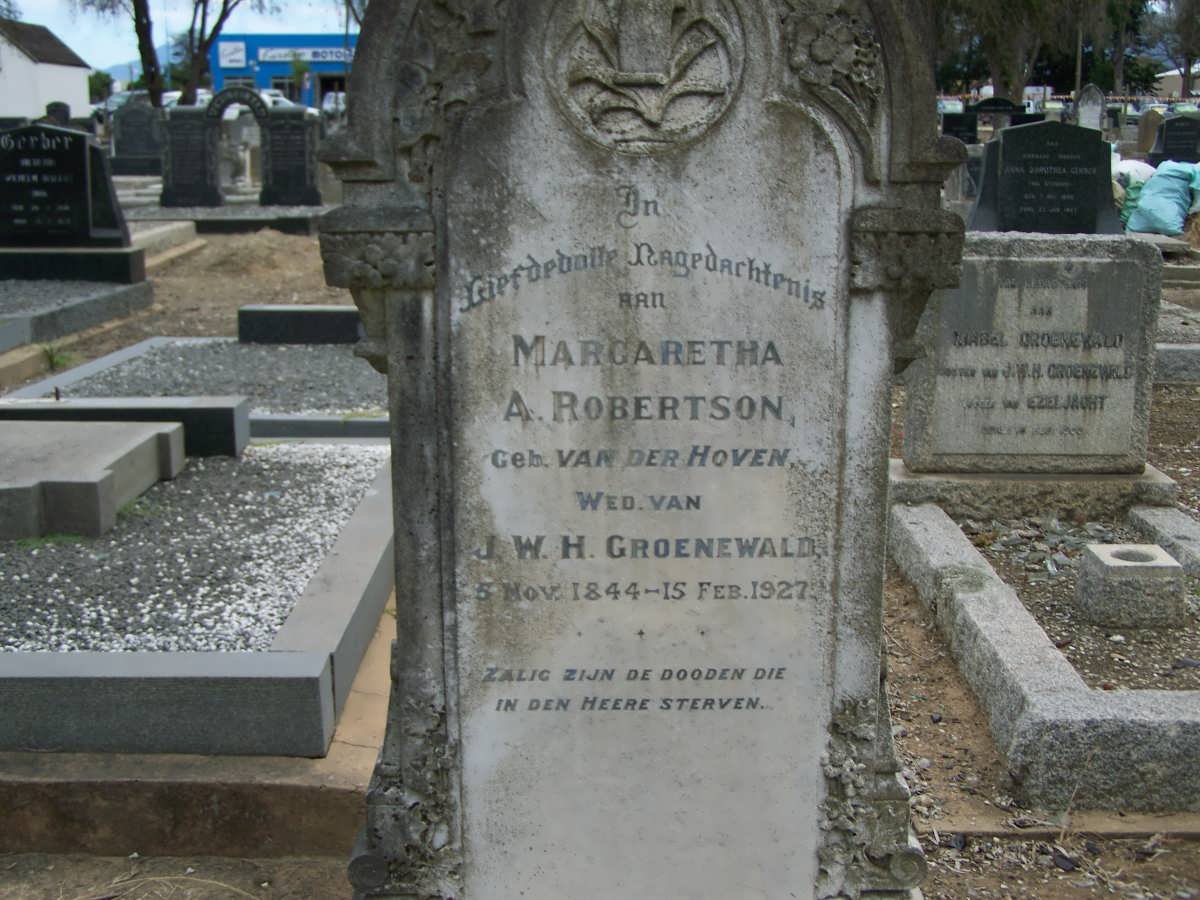ROBERTSON Margaretha A. formerly GROENEWALD nee VAN DER HOVEN 1844-1927