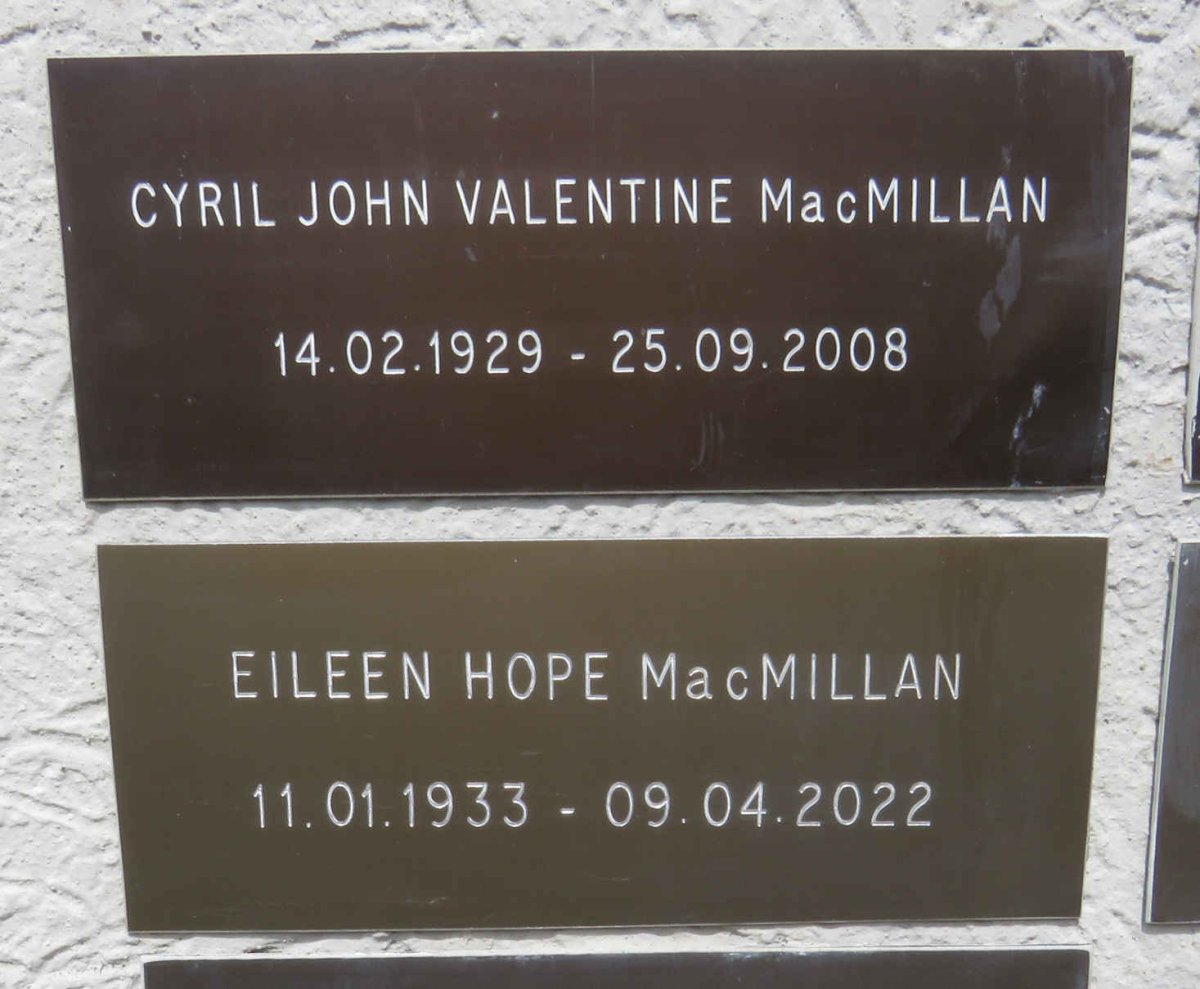 MACMILLAN Cyril John Valentine 1929-2008 & Eileen Hope 1933-2022