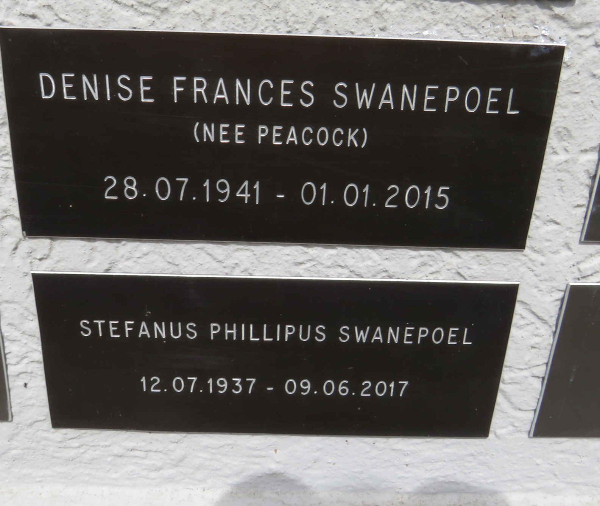 SWANEPOEL Stefanus Phillipus 1937-2017 & Denise Frances PEACOCK 1941-2015 