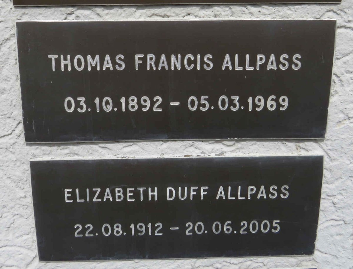 ALLPASS Thomas Francis 1892-1969 & Elizabeth Duff 1912-2005