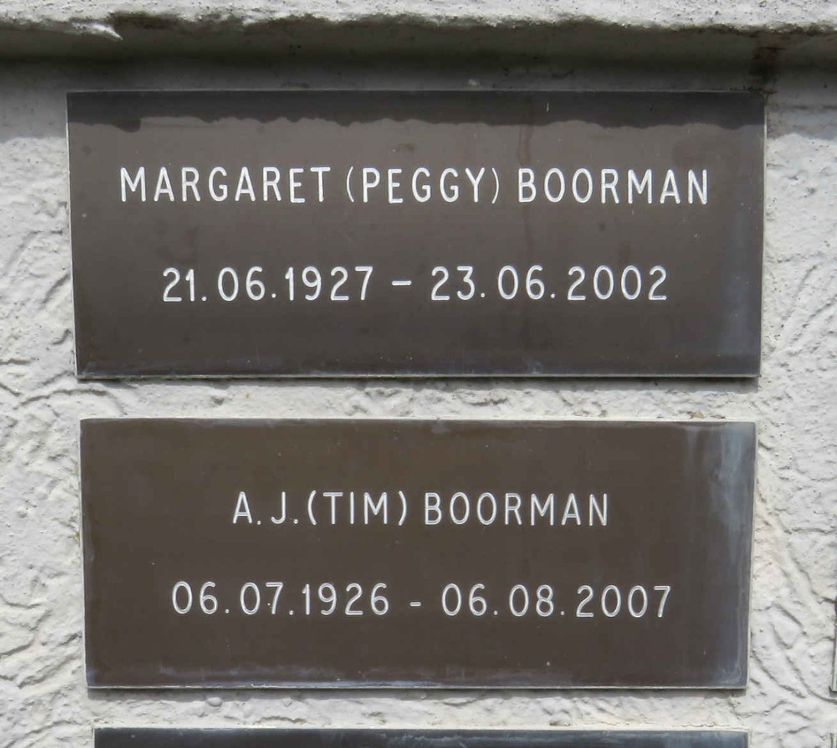 BOORMAN A.J. 1926-2007 & Margaret 1927-2002