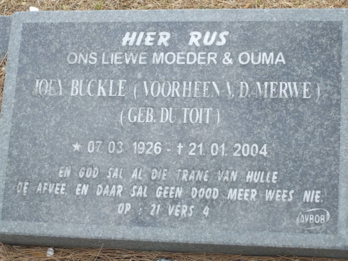 BUCKLE Joey voorheen V.D. MERWE nee DU TOIT 1926-2004