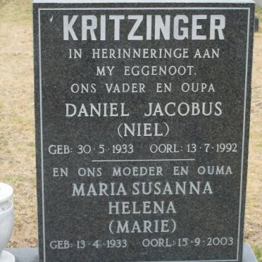 KRITZINGER Daniel Jacobus 1933-1992 &amp; Maria Susanna Helena 1933-2003