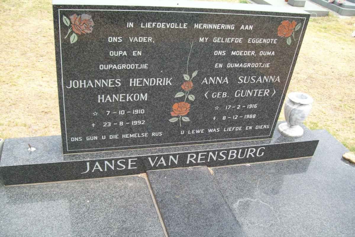 RENSBURG Johannes Hendrik Hanekom, Janse van 1910-1992 &amp; Anna Susanna GUNTER 1916-1988