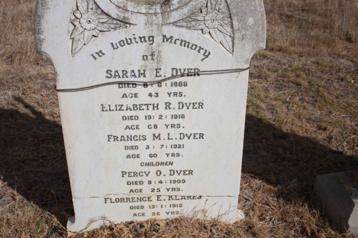 DYER Sarah E. -1888 :: DYER Elizabeth R. -1918:: DYER Francis M.L. -1921 :: DYER Percy O. -1909 :: KLARES Florrence E. -1912