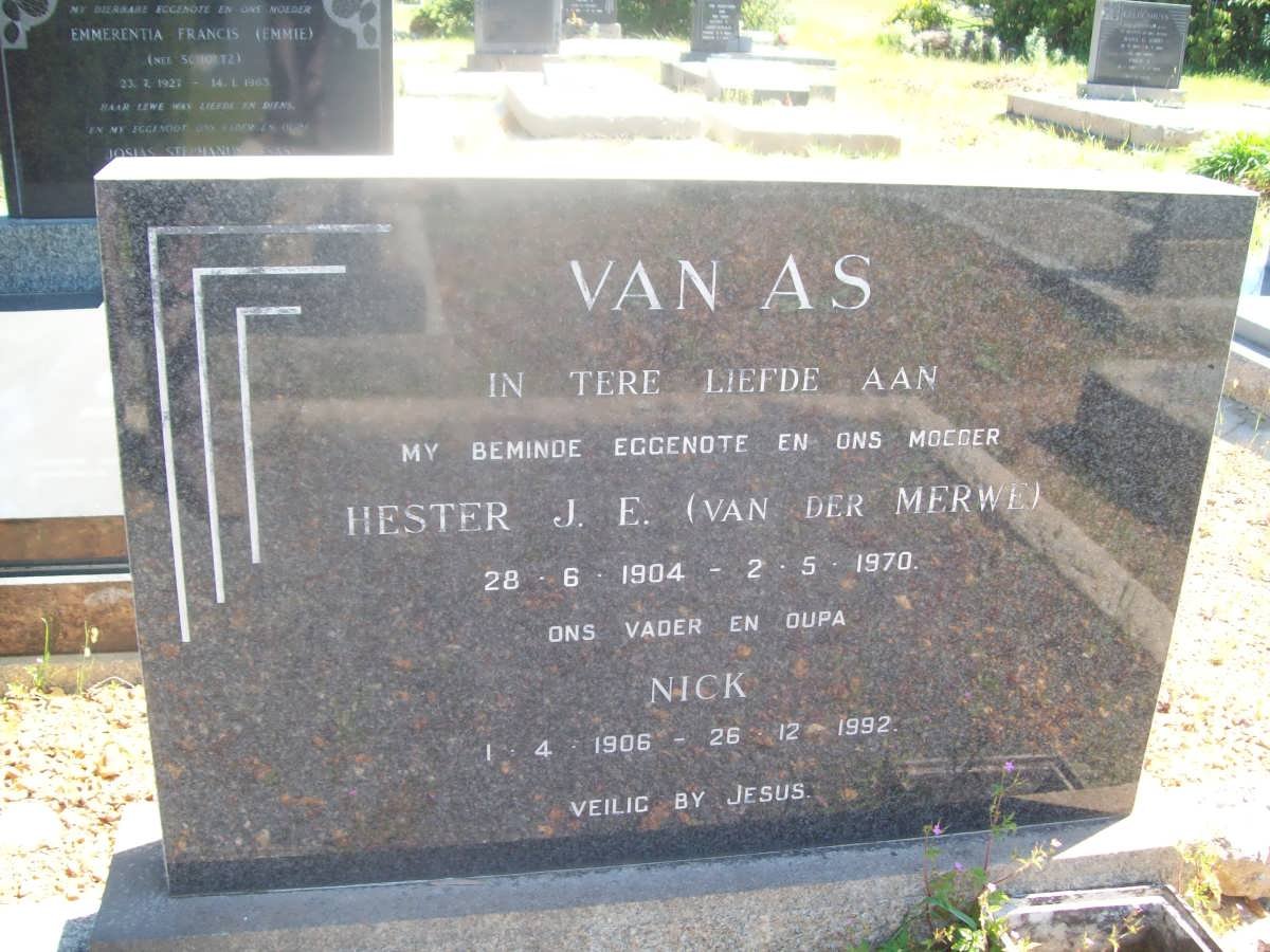 AS Nick, van 1906-1992 &amp; Hester J.E. VAN DER MERWE 1904-1970