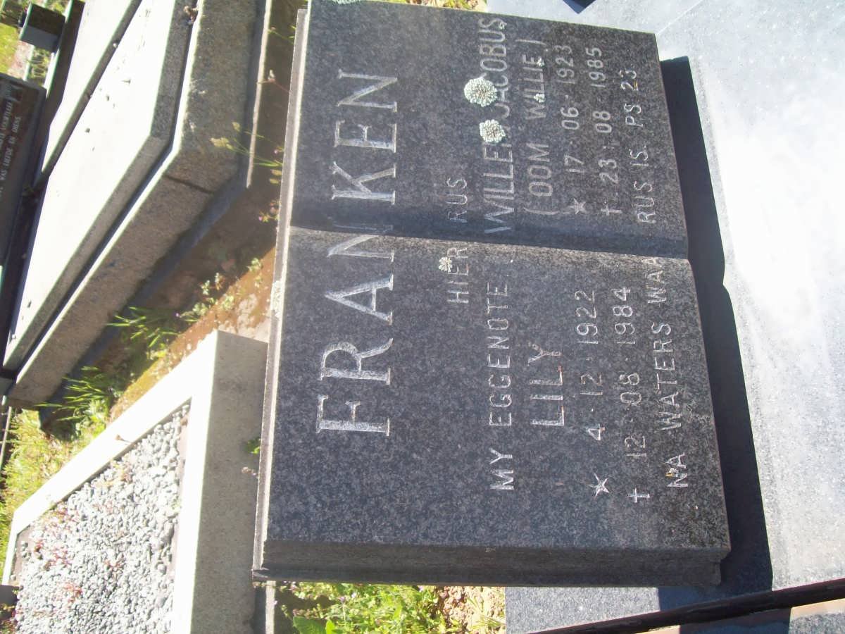 FRANKEN Willie Jacobus 1923-1985 &amp; Lily 1922-1984