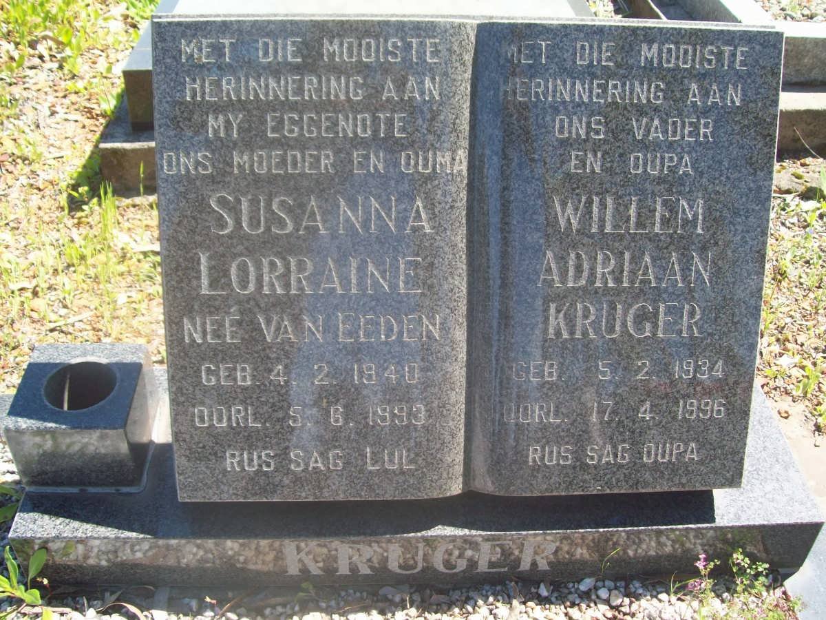 KRUGER Willem Adriaan 1934-1996 &amp; Susanna Lorraine VAN EEDEN 1940-1993