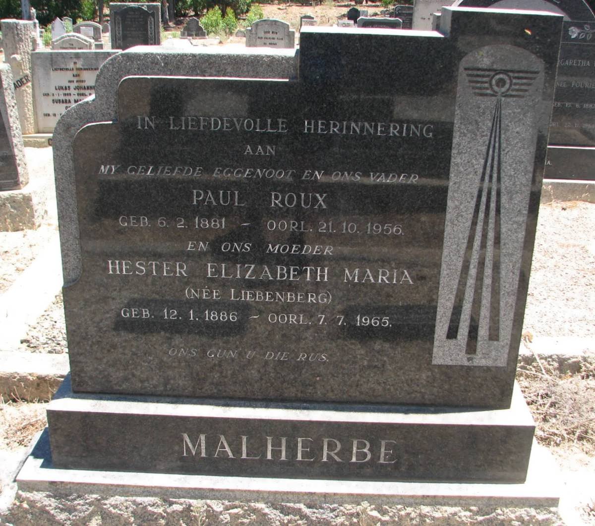 MALHERBE Paul Roux 1881-1956 &amp; Hester Elizabeth Maria LIEBENBERG 1886-1965