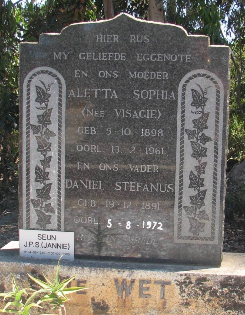 WET Daniel Stefanus, de 1891-1972 &amp; Aletta Sophia VISAGIE 1898-1961 :: DE WET J.P.S. 1936-2005