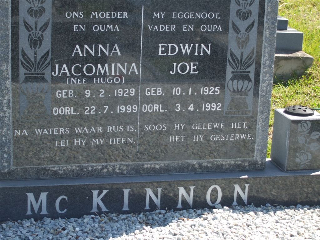 Mc KINNON Edwin Joe 1925-1992 &amp; Anna Jacomina HUGO 1929-1999