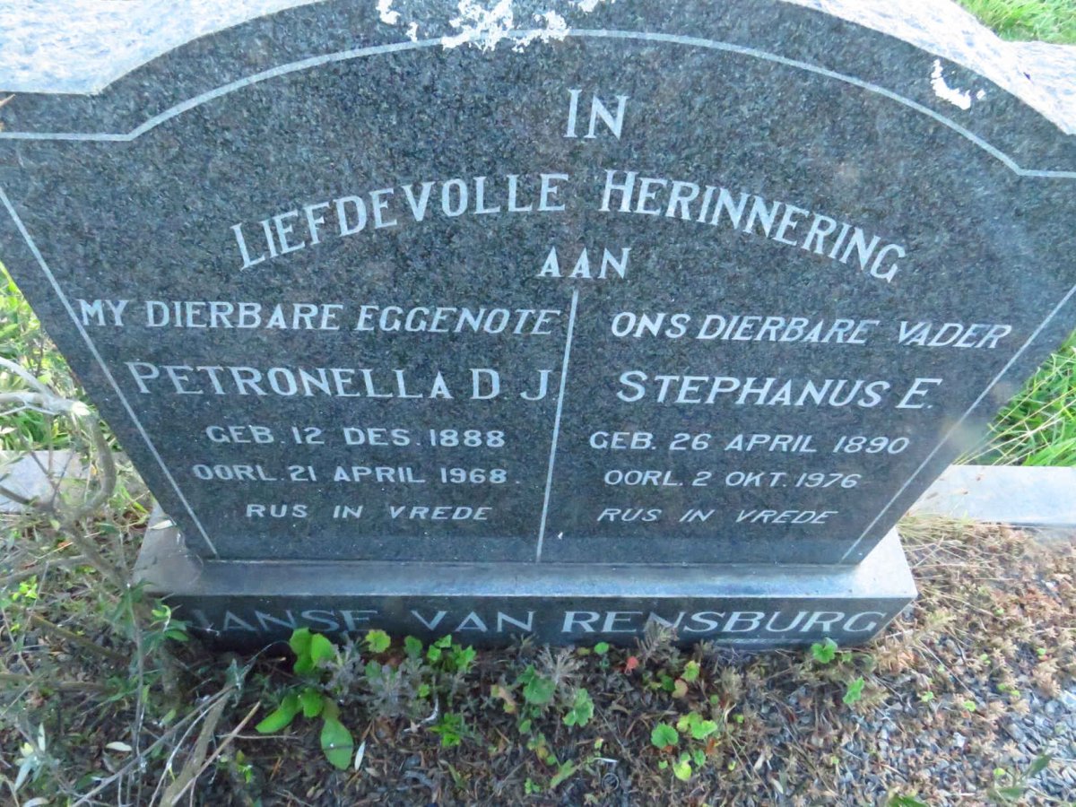RENSBURG Stephanus E., Janse van 1890-1976 &amp; Petronella D.J. 1888-1968