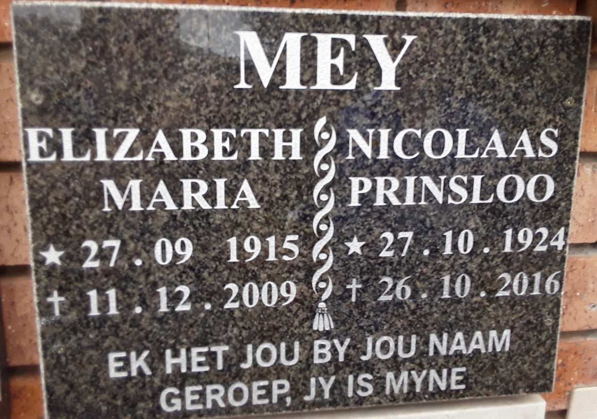 MEY Nicolaas Prinsloo 1924-2016 &amp; Elizabeth Maria 1915-2009