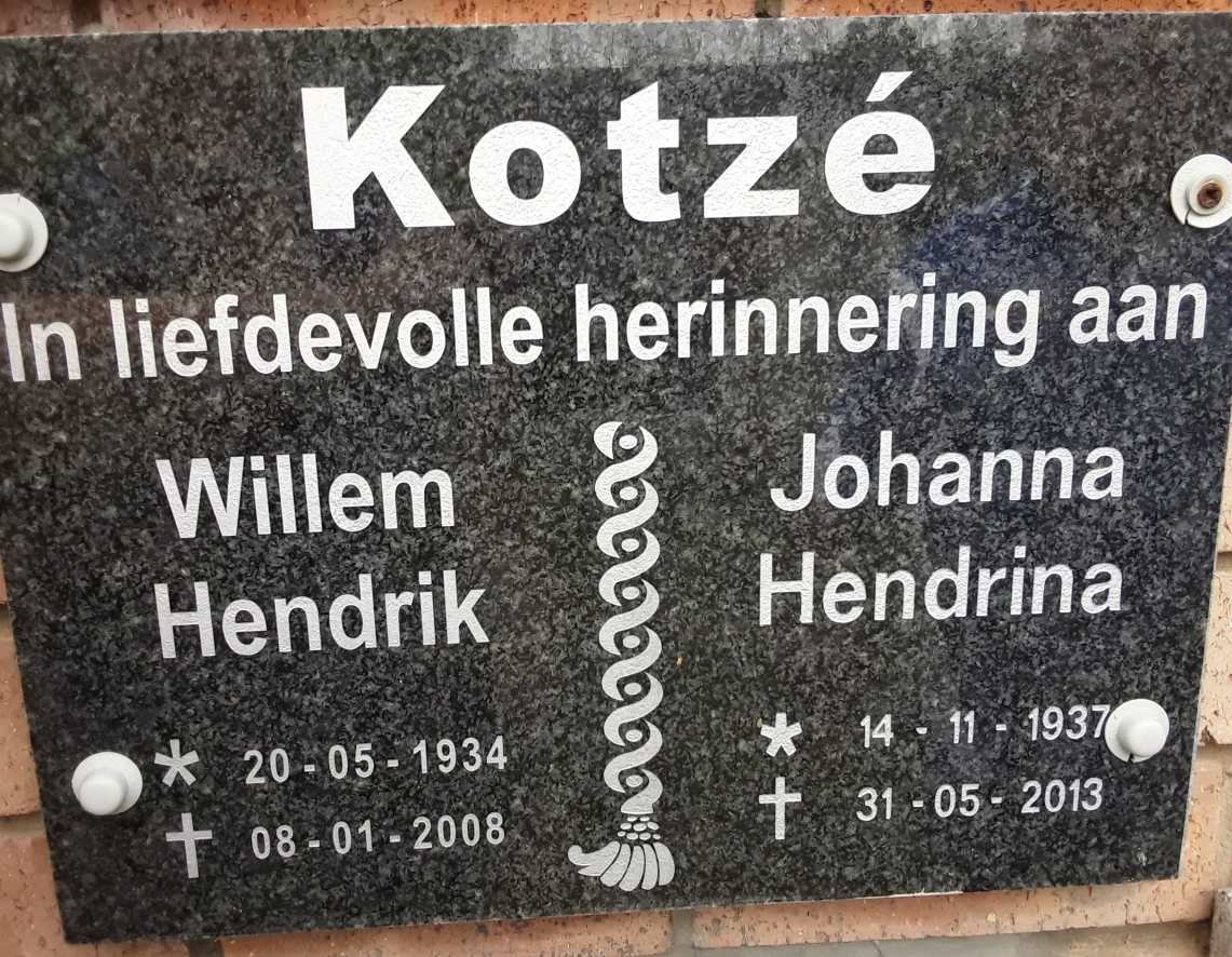 KOTZE Willem Hendrik 1934-2008 &amp; Johanna Hendrina 1937-2013