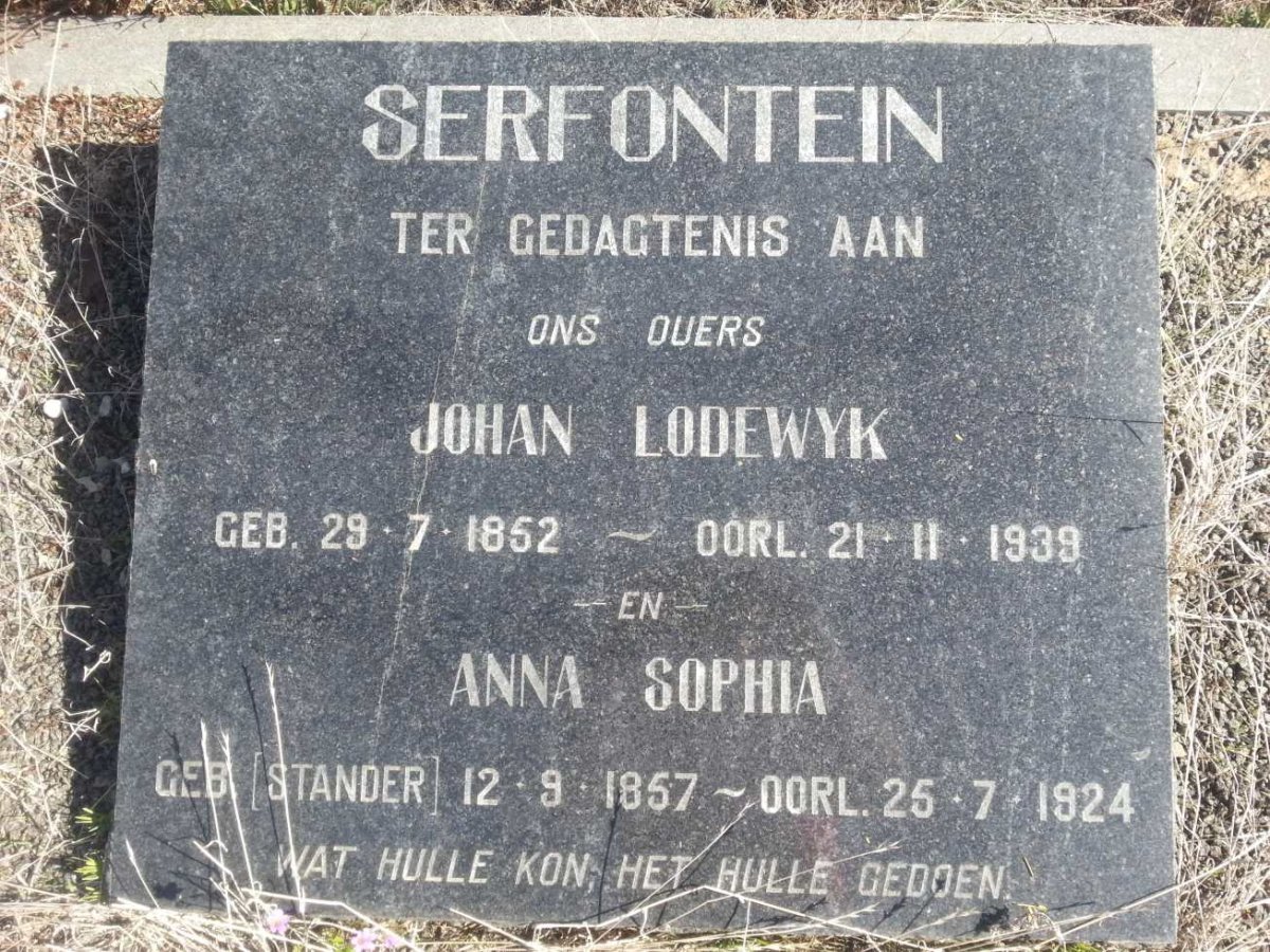 SERFONTEIN Johan Lodewyk 1852-1939 &amp; Anna Sophia STANDER 1857-1924