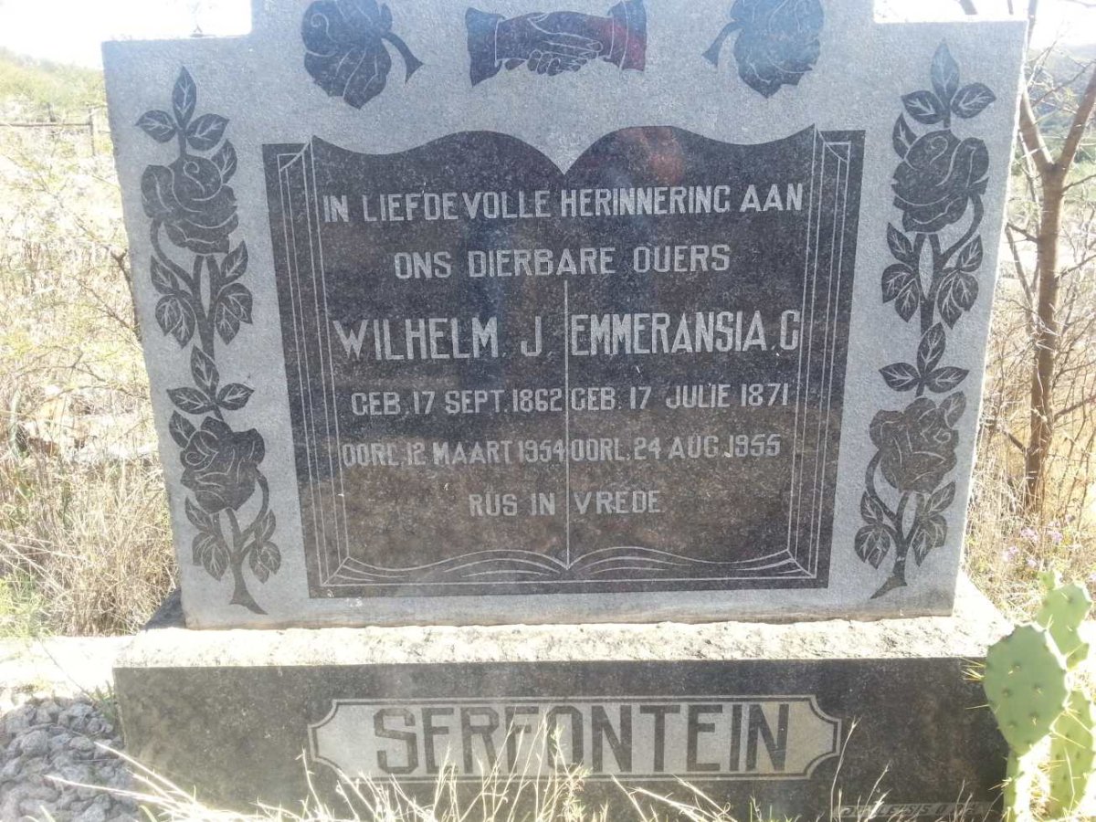 SERFONTEIN Wilhelm J. 1862-1954 &amp; Emmeransia C. 1871-1955