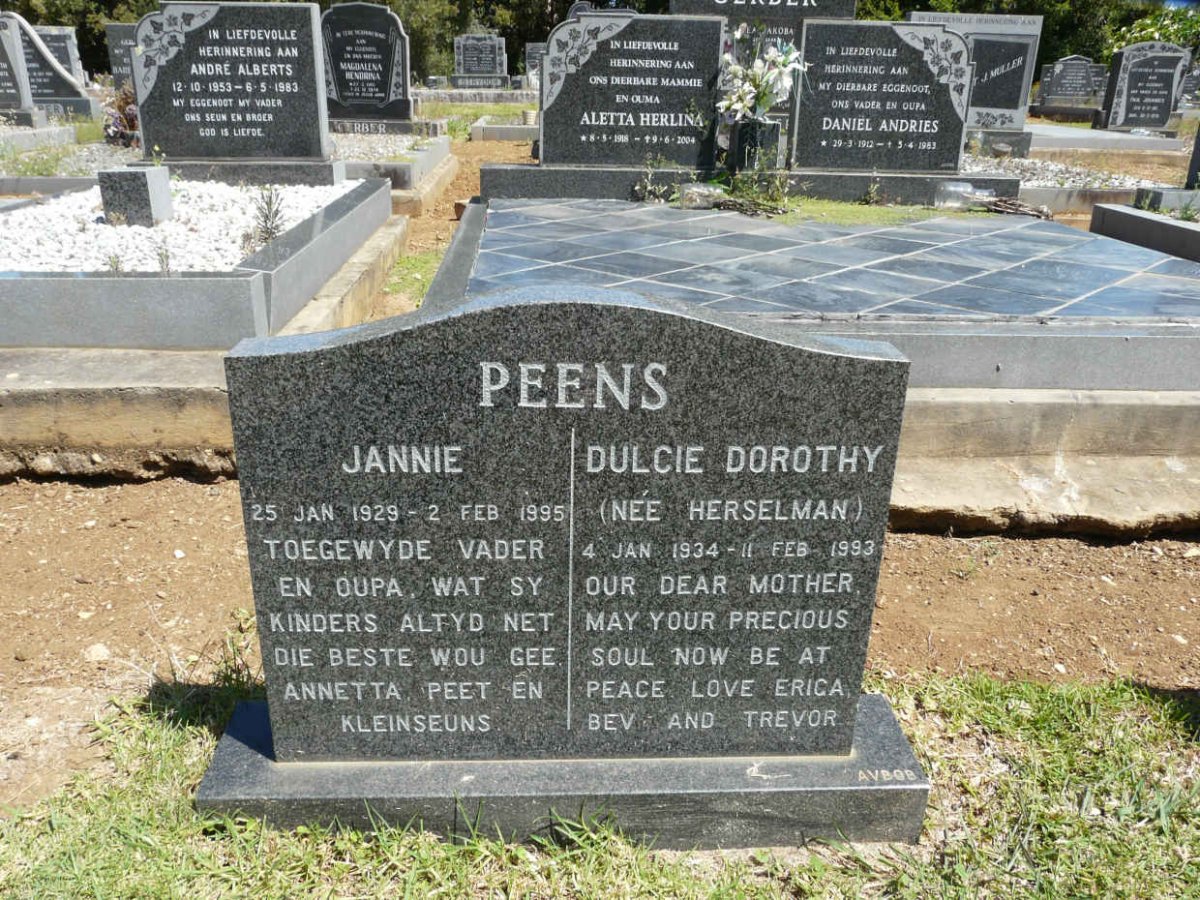 PEENS Jannie 1929-1995 &amp; Dulcie Dorothy HERSELMAN 1934-1993