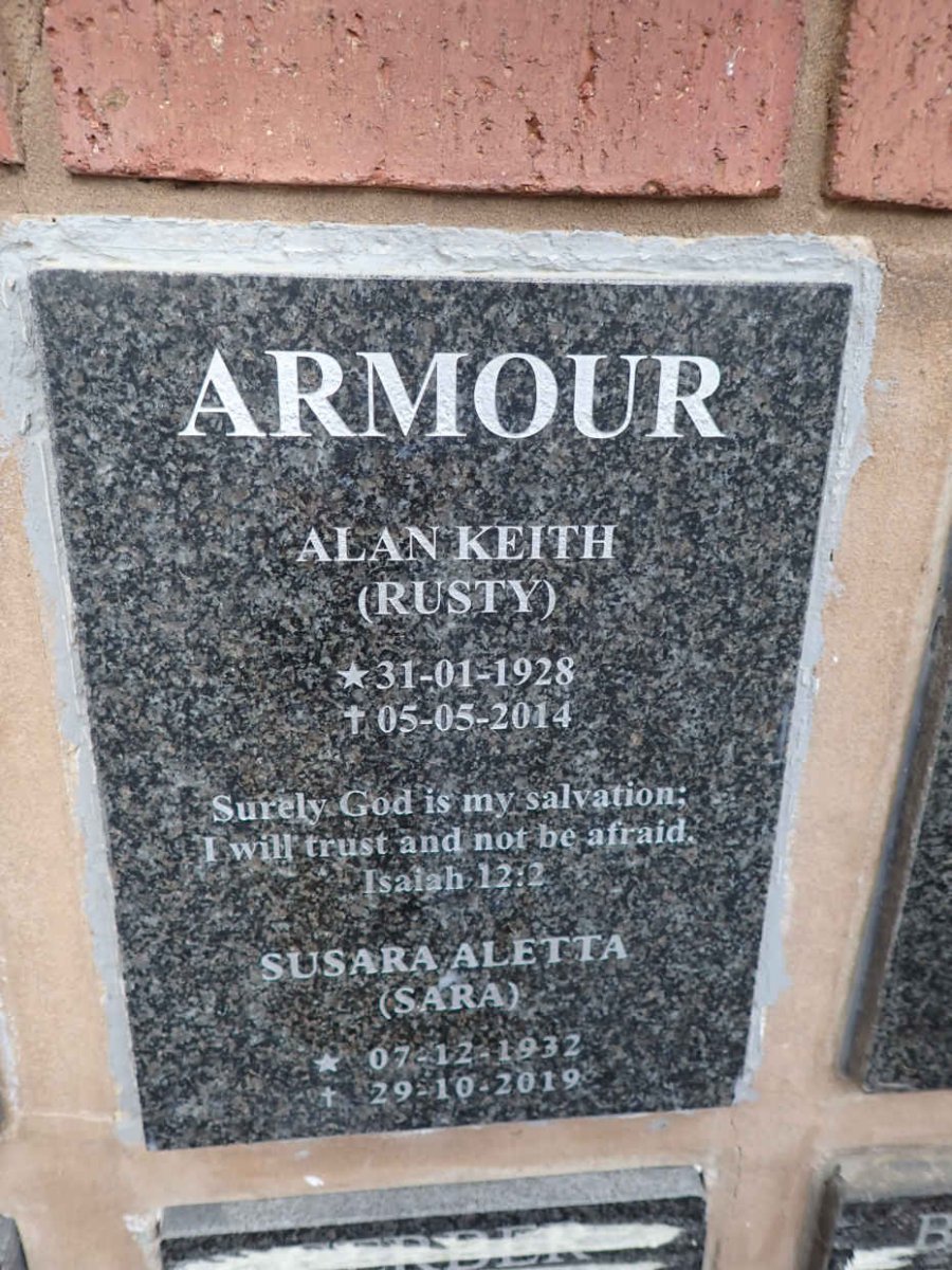 ARMOUR Alan Keith 1928-2014 & Susara Aletta 1932-2019
