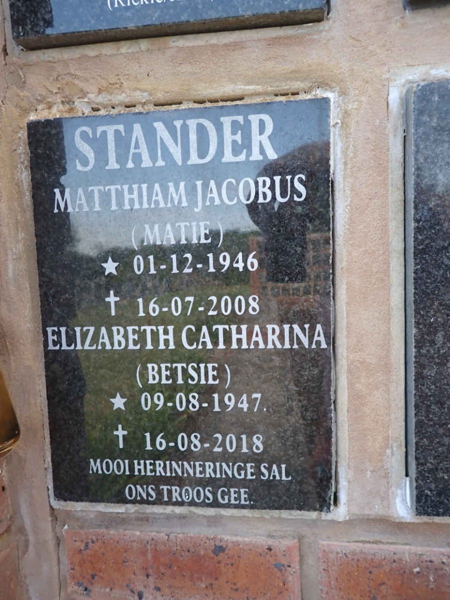 STANDER Matthiam Jacobus 1946-2008 & Elizabeth Catharina 1947-2018
