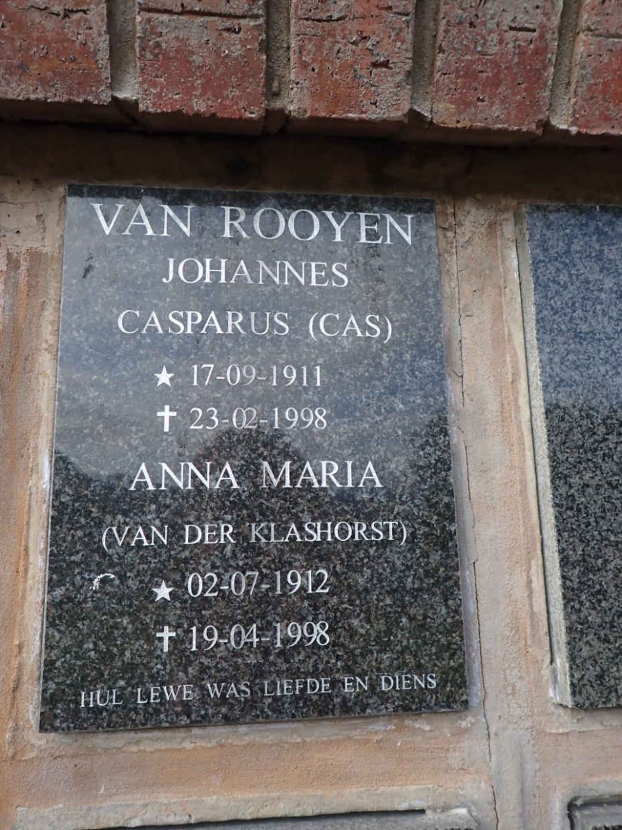 ROOYEN Johannes Casparus, van 1911-1998 & Anna Maria VAN DER KLASHORST 1912-1998