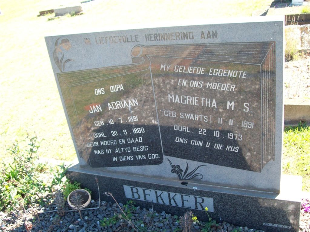 BEKKER Jan Adriaan 1891-1980 &amp; Magrietha M.S. SWARTS 1891-1973