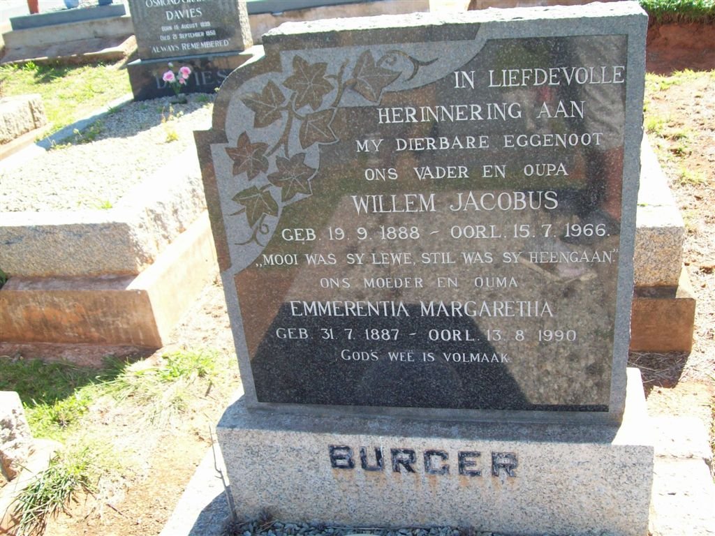 BURGER Willem Jacobus 1888-1966 &amp; Emmerentia Margaretha 1887-1990