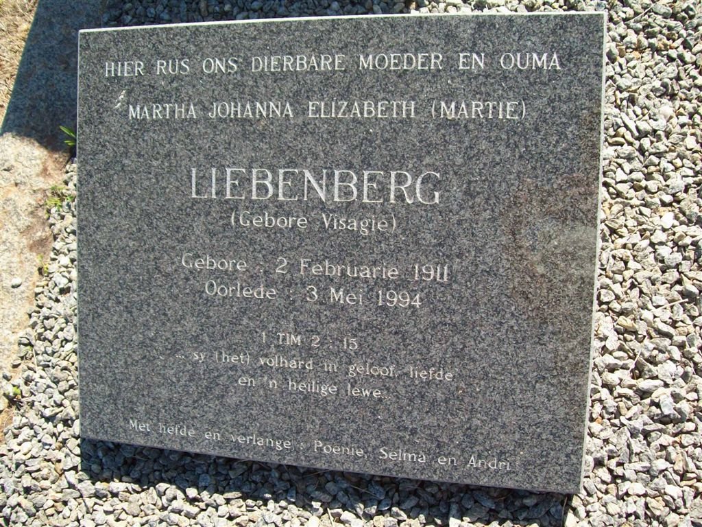 LIEBENBERG Martha Johanna Elizabeth nee VISAGIE 1911-1994