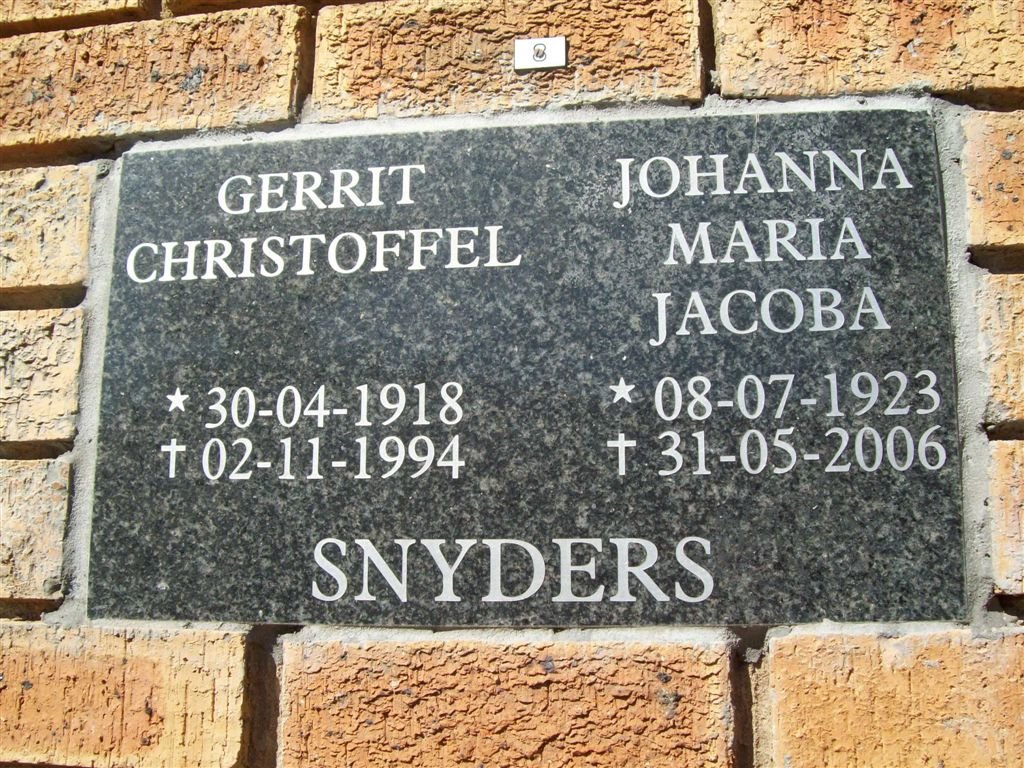 SNYDERS Gerrit Christoffel 1918-1994 &amp; Johanna Maria Jacoba 1923-2006