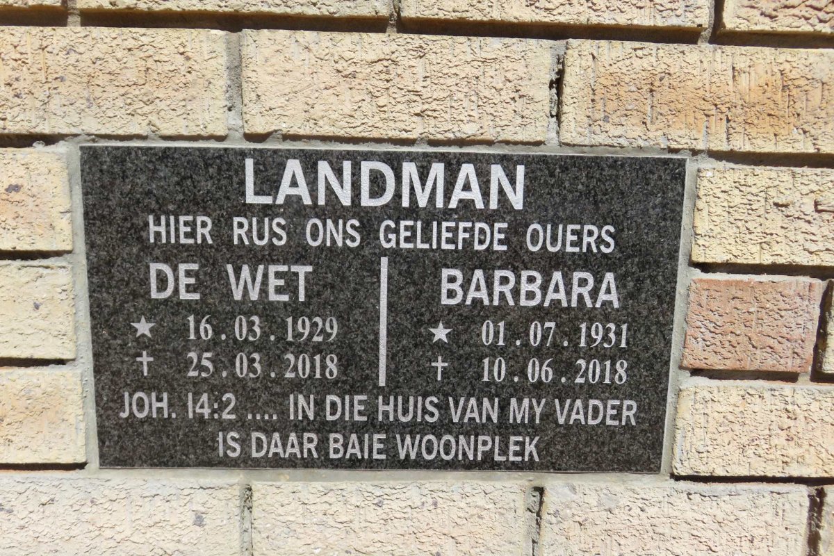 LANDMAN De Wet 1929-2018 &amp; Barbara 1931-2018