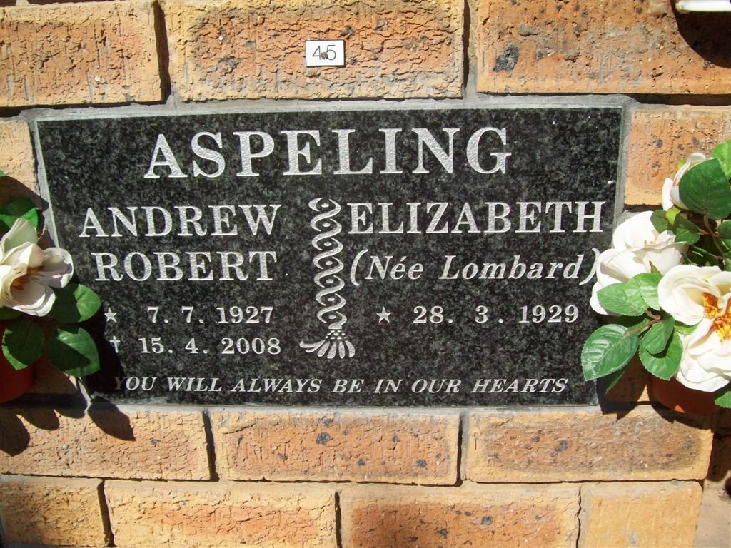 ASPELING Andrew Robert 1927-2008 &amp; Elizabeth LOMBARD 1929-