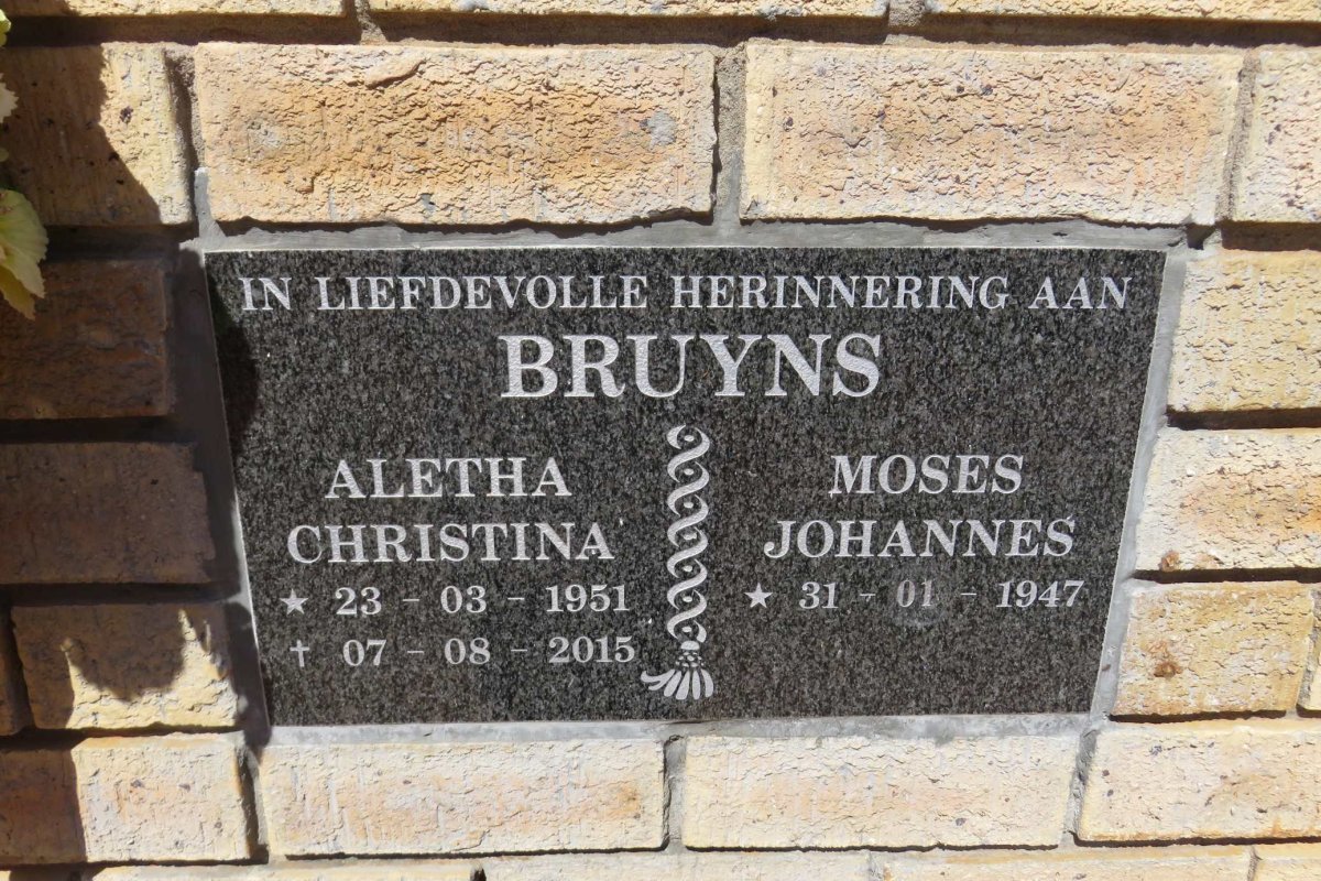 BRUYNS Moses Johannes 1947- &amp; Aletha Christina 1951-2015