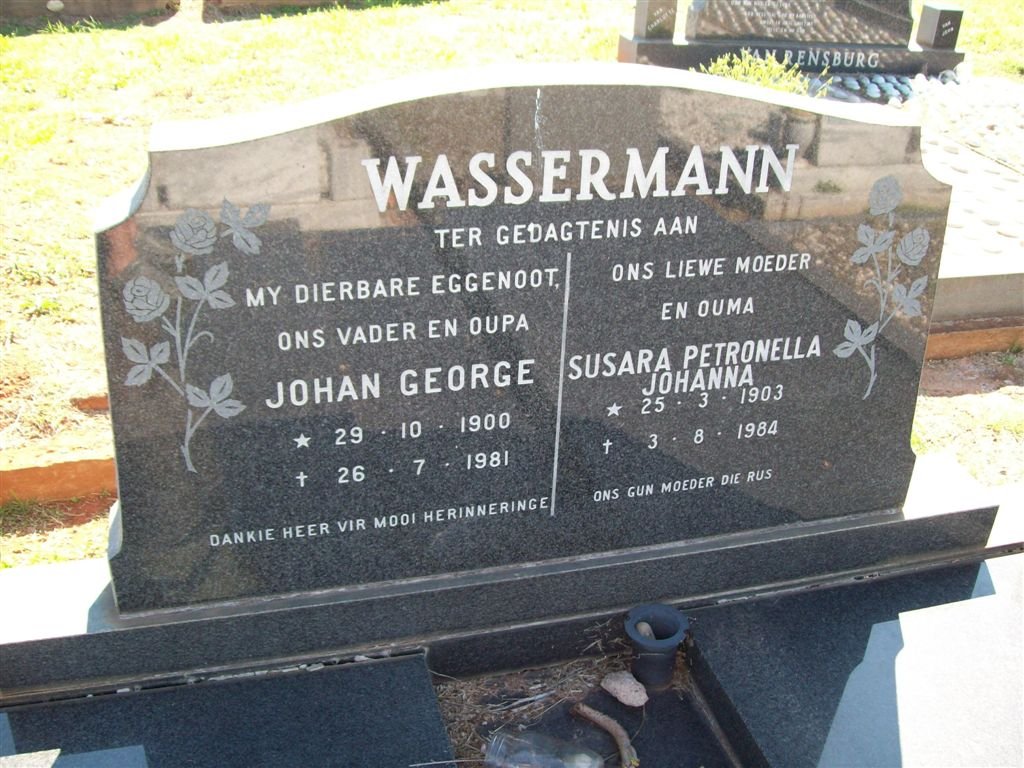 WASSERMAN Johan George 1900-1981 &amp; Susara Petronella Johanna 1903-1984
