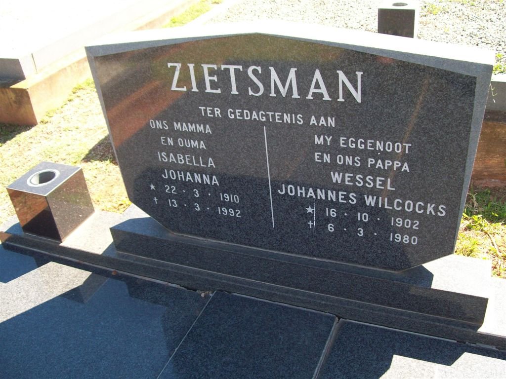 ZIETSMAN Wessel Johannes Wilcocks 1902-1980 &amp; Isabella Johanna 1910-1992