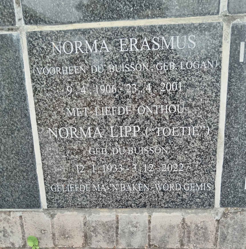 ERASMUS Norma voorheen DU BUISSON nee LOGAN 1906-2001 :: LIPP Norma nee DU BUISSON 1933-2022