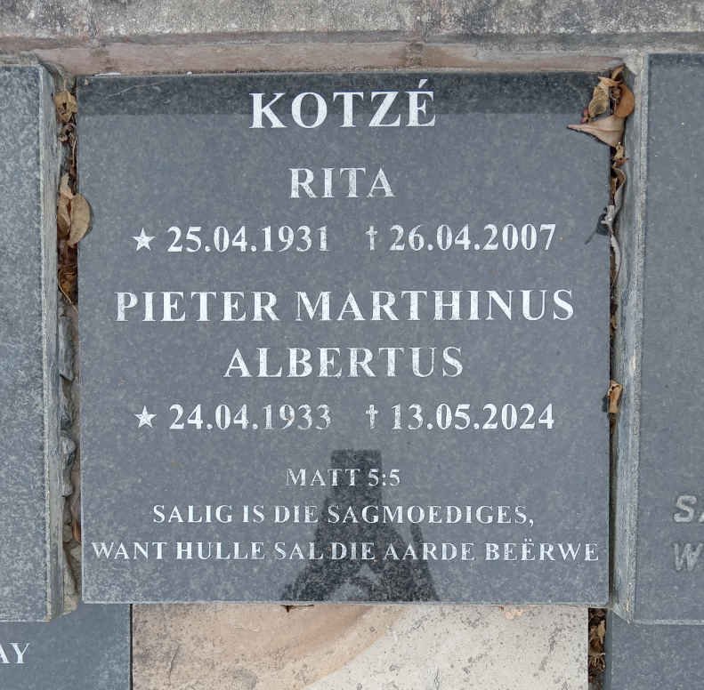 KOTZE Pieter Marthinus Albertus 1933-2024 & Rita 1931-2007