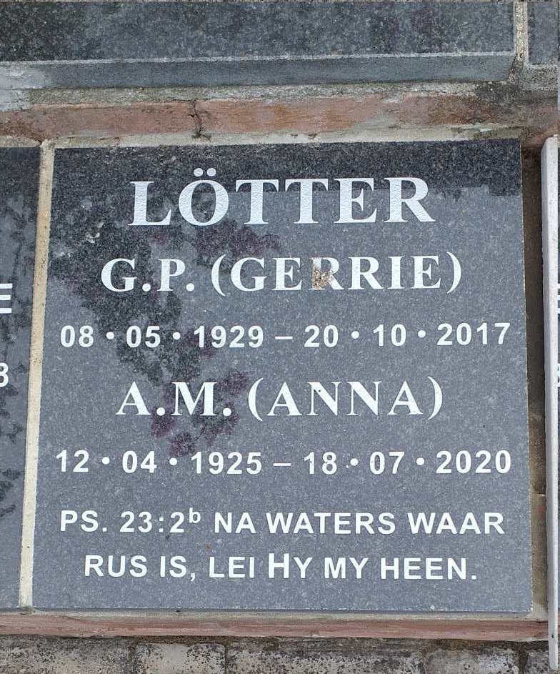 LOTTER G.P. 1929-2017 &amp; A.M. 1925-2020