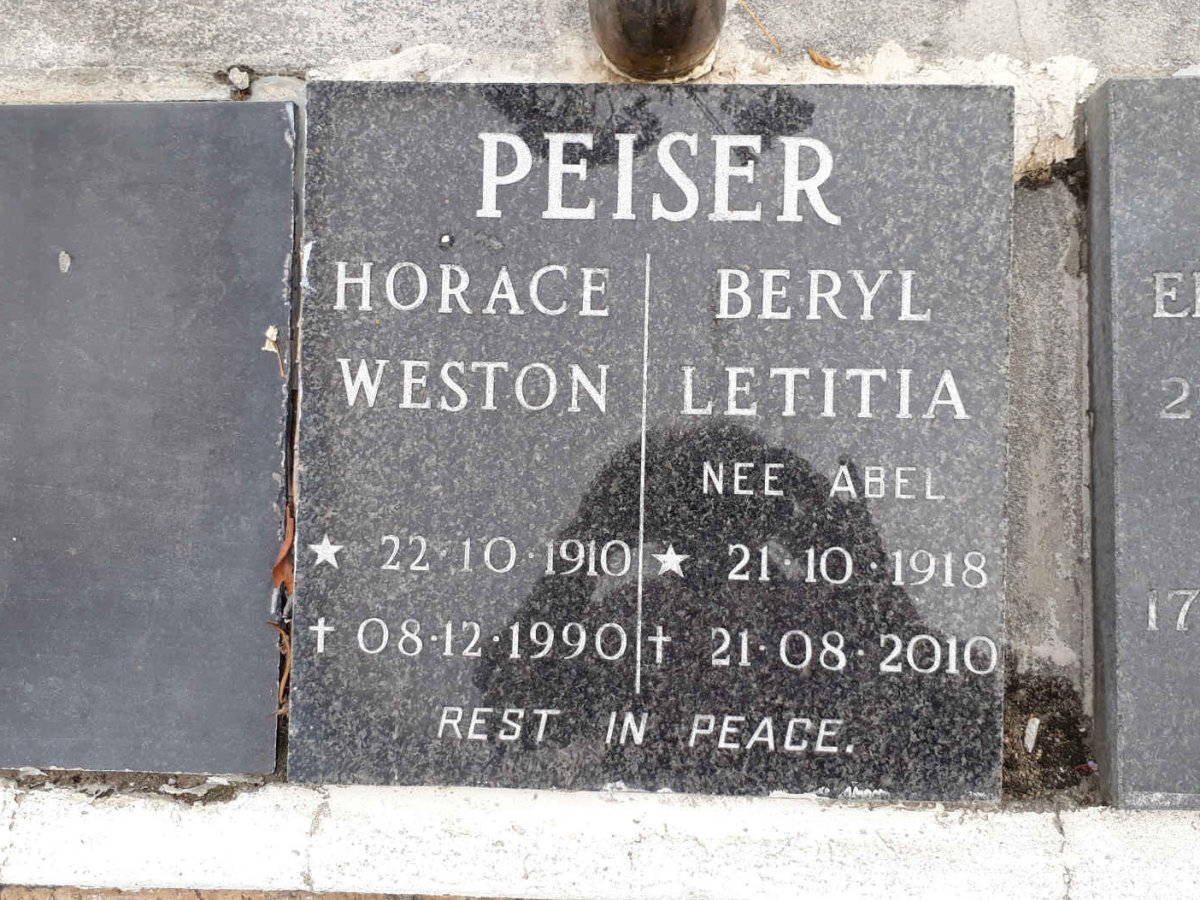 PEISER Horace Weston 1910-1990 &amp; Beryl Letitia ABEL 1918-2010