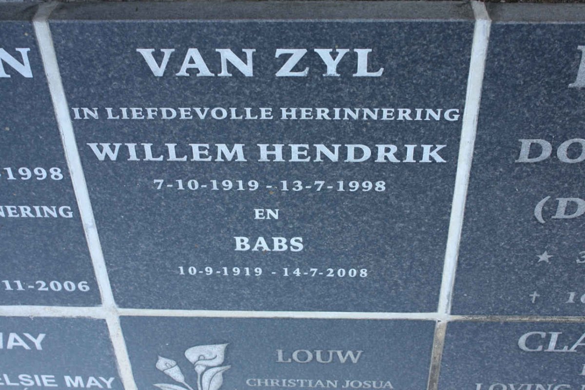 ZYL Willem Hendrik, van 1919-1998 &amp; Babs 1919-2008