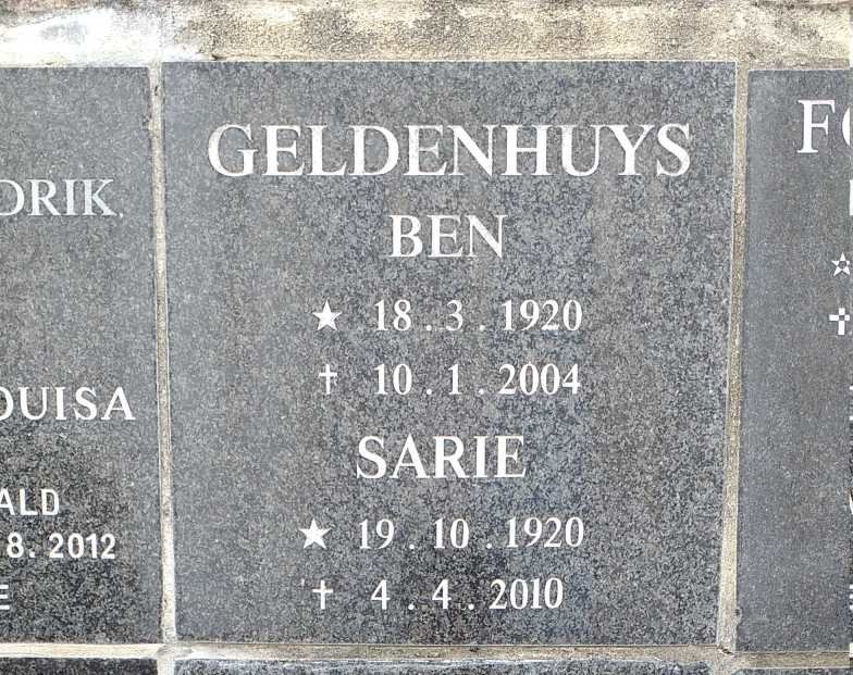 GELDENHUYS Ben 1920-2004 &amp; Sarie 1920-2010