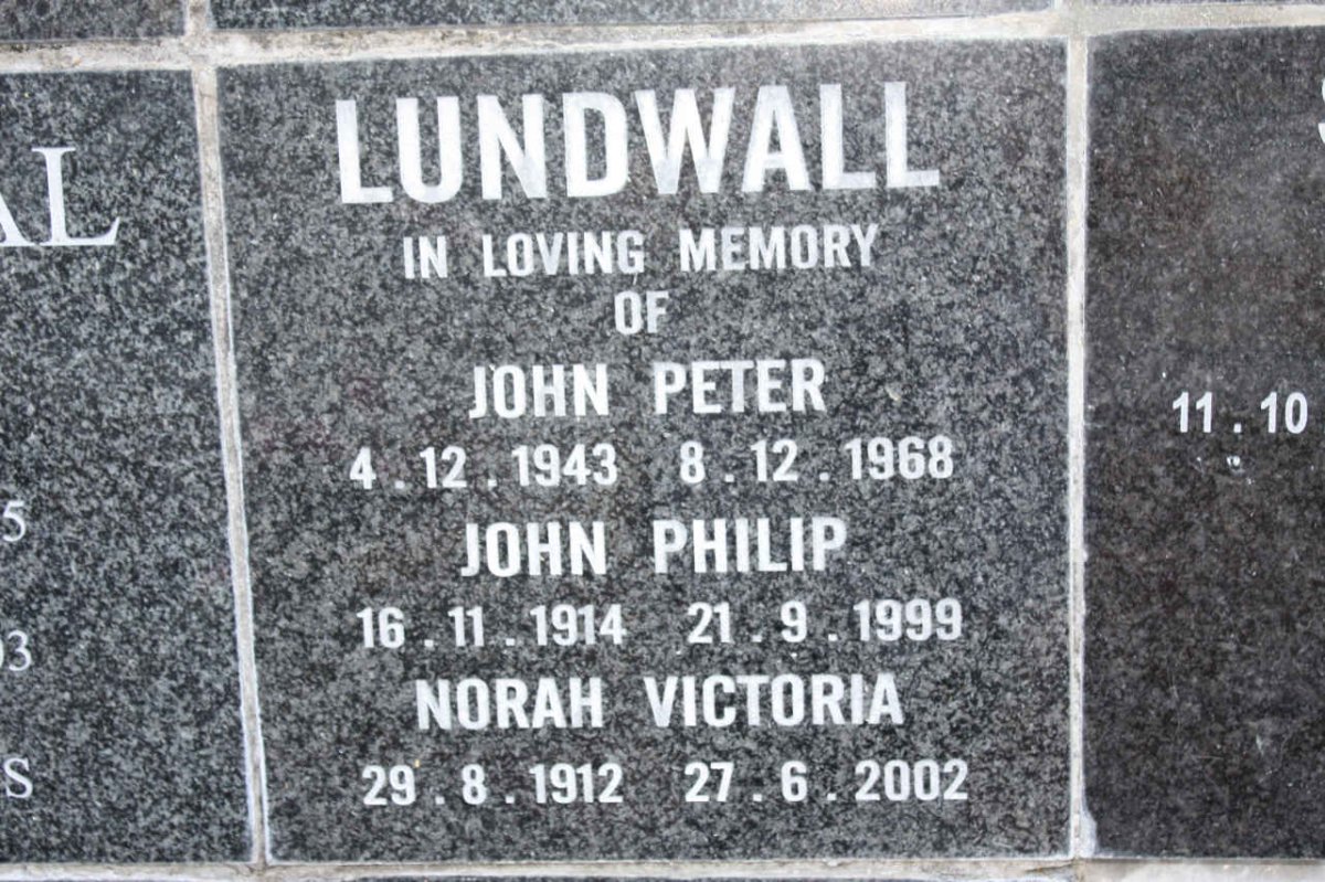 LUNDWALL John Philip 1914-1999 &amp; Norah Victoria 1912-2002 :: LUNDWALL John Peter 1943-1968
