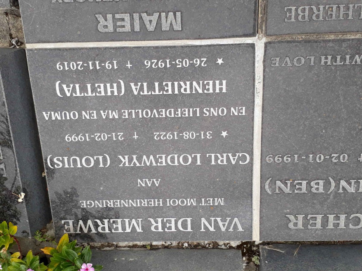 MERWE Carl Lodewyk, van der 1922-1999 &amp; Henrietta 1926-2019