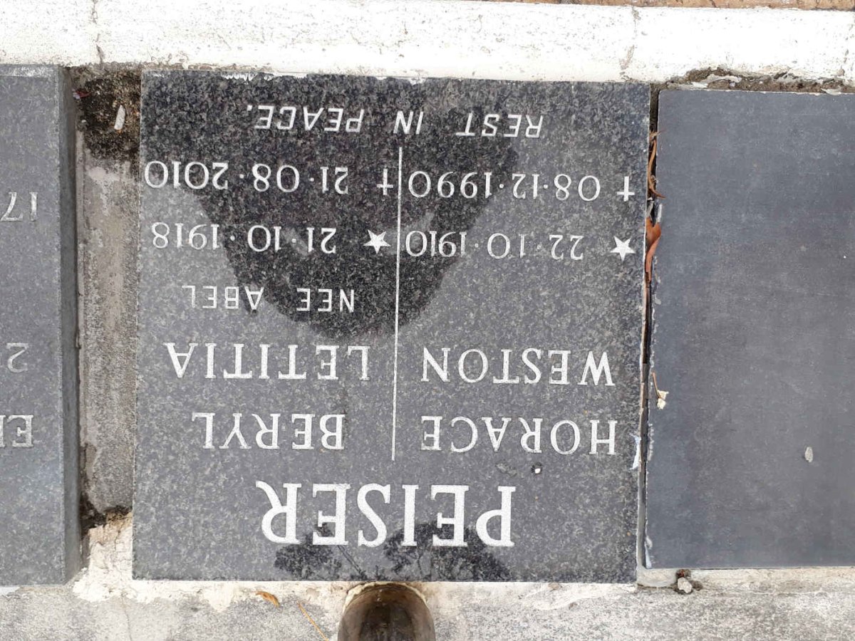 PEISER Horace Weston 1910-1990 &amp; Beryl Letitia ABEL 1918-2010