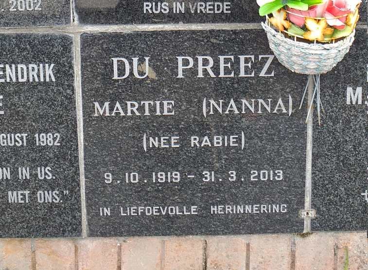 PREEZ Martie, du nee RABIE 1919-2013