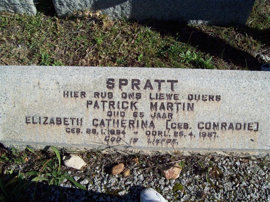 SPRATT Patrick Martin &amp; Elizabeth Catherina CONRADIE 1864-1957