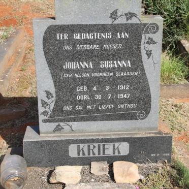 KRIEK Johanna Susanna formerly CLAASSEN nee NELSON 1912-1947