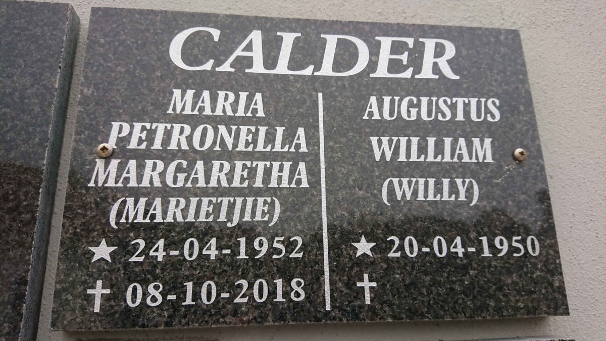 CALDER Augustus William 1950- &amp; Maria Petronella Margaretha 1952-2018