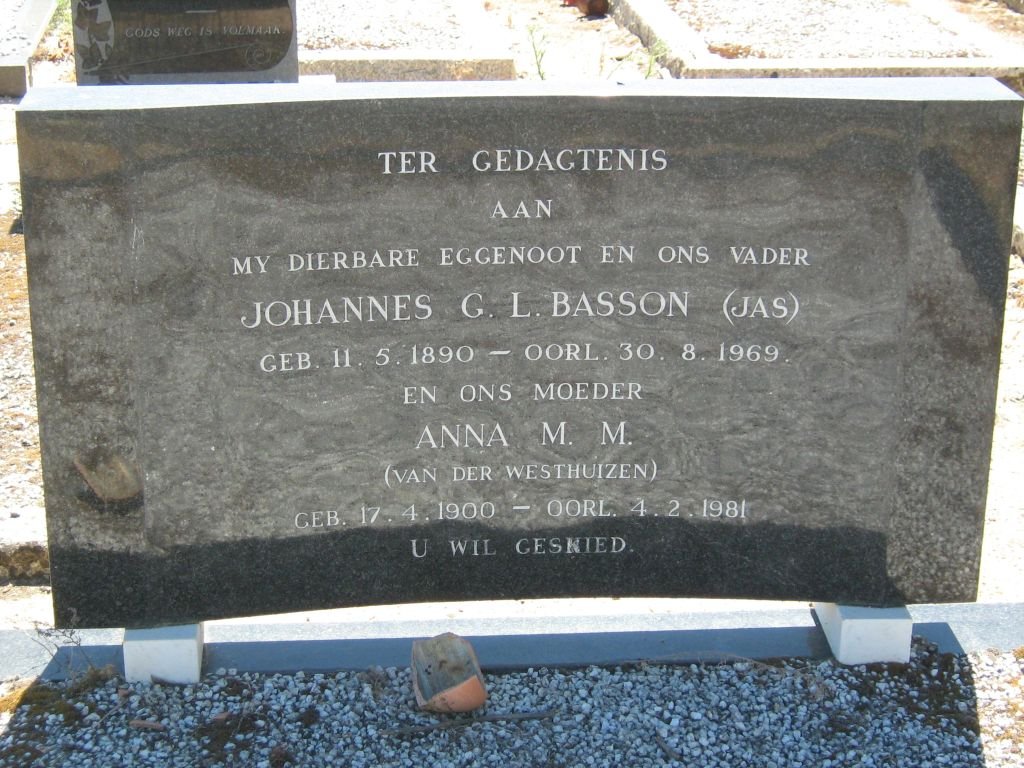 BASSON Johannes G.L. 1890-1969 &amp; Anna M.M. VAN DER WESTHUIZEN 1900-1981