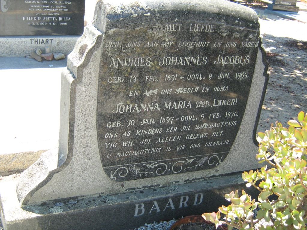 BAARD Andries Johannes Jacobus 1891-1959 &amp; Johanna Maria LAKER 1897-1970