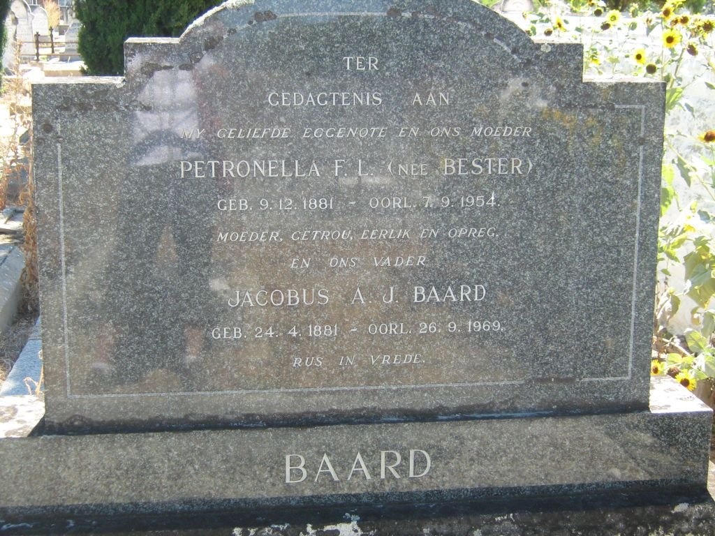 BAARD Jacobus A.J. 1881-1969 &amp; Petronella F.L. BESTER 1881-1954